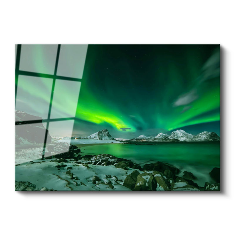 Tamperli Gerçek Cam Tablo Karlı Sahil Kuzey Işıkları Manzara Tablosu Duvar Dekoru