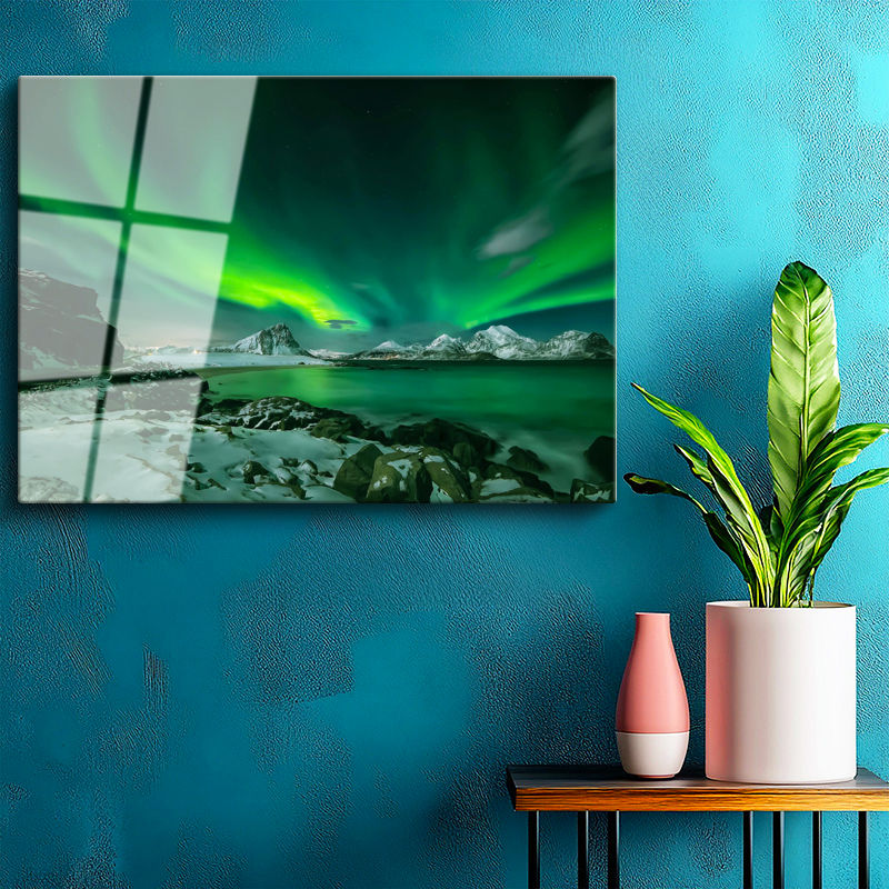 Tamperli Gerçek Cam Tablo Karlı Sahil Kuzey Işıkları Manzara Tablosu Duvar Dekoru