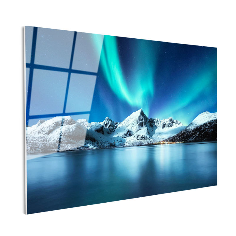 Tamperli Gerçek Cam Tablo Aurora Altında Karlı Dağ Manzara Tablosu Duvar Dekoru