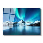 Tamperli Gerçek Cam Tablo Aurora Altında Karlı Dağ Manzara Tablosu Duvar Dekoru