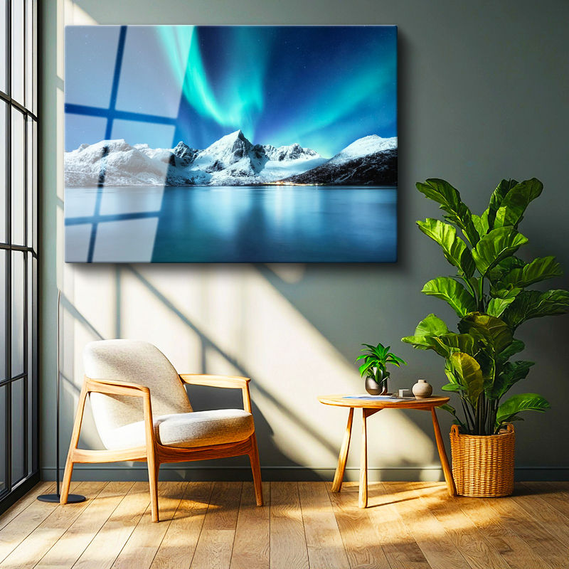 Tamperli Gerçek Cam Tablo Aurora Altında Karlı Dağ Manzara Tablosu Duvar Dekoru