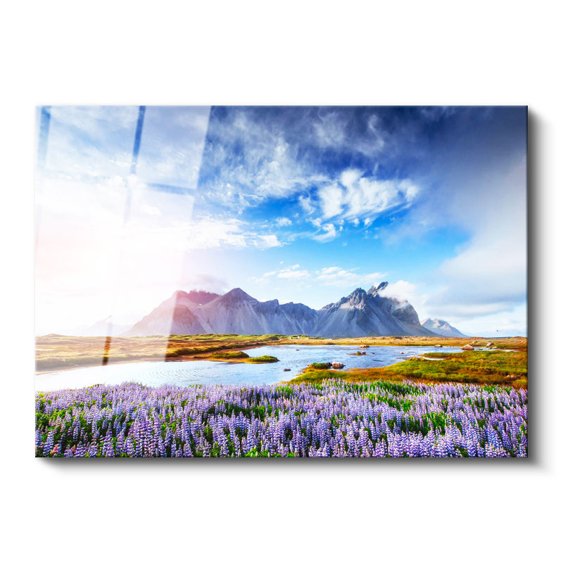 Tamperli Gerçek Cam Tablo Mor Çiçekli Vadi ve Dağlar Manzara Tablosu Duvar Dekoru