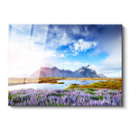 Tamperli Gerçek Cam Tablo Mor Çiçekli Vadi ve Dağlar Manzara Tablosu Duvar Dekoru