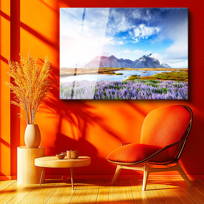 Tamperli Gerçek Cam Tablo Mor Çiçekli Vadi ve Dağlar Manzara Tablosu Duvar Dekoru