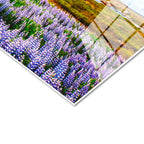 Tamperli Gerçek Cam Tablo Mor Çiçekli Vadi ve Dağlar Manzara Tablosu Duvar Dekoru