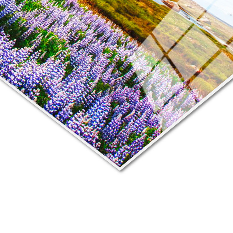 Tamperli Gerçek Cam Tablo Mor Çiçekli Vadi ve Dağlar Manzara Tablosu Duvar Dekoru