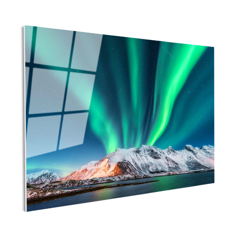 Tamperli Gerçek Cam Tablo Kutup Işıkları ve Karlı Zirve Manzara Tablosu Duvar Dekoru