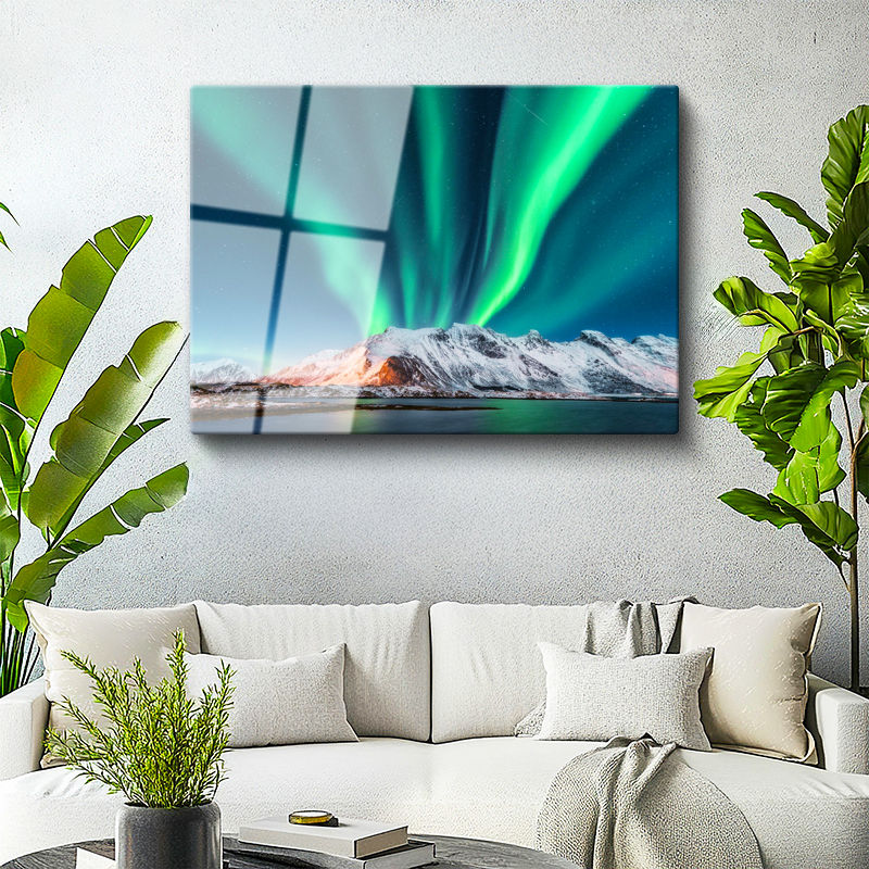 Tamperli Gerçek Cam Tablo Kutup Işıkları ve Karlı Zirve Manzara Tablosu Duvar Dekoru