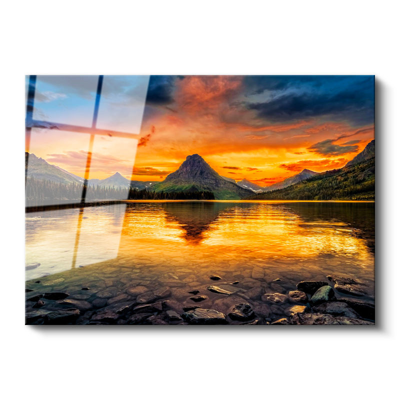 Tamperli Gerçek Cam Tablo Kızıl Gün Batımı ve Dağ Gölü Yansıması Manzara Tablosu Duvar Dekoru