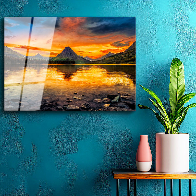 Tamperli Gerçek Cam Tablo Kızıl Gün Batımı ve Dağ Gölü Yansıması Manzara Tablosu Duvar Dekoru