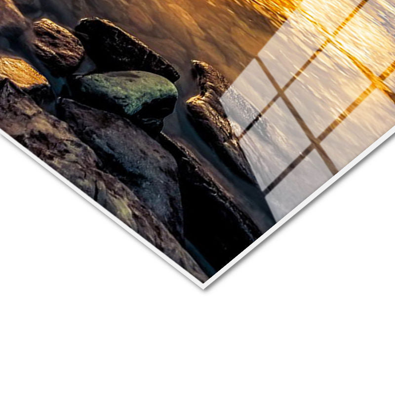 Tamperli Gerçek Cam Tablo Kızıl Gün Batımı ve Dağ Gölü Yansıması Manzara Tablosu Duvar Dekoru