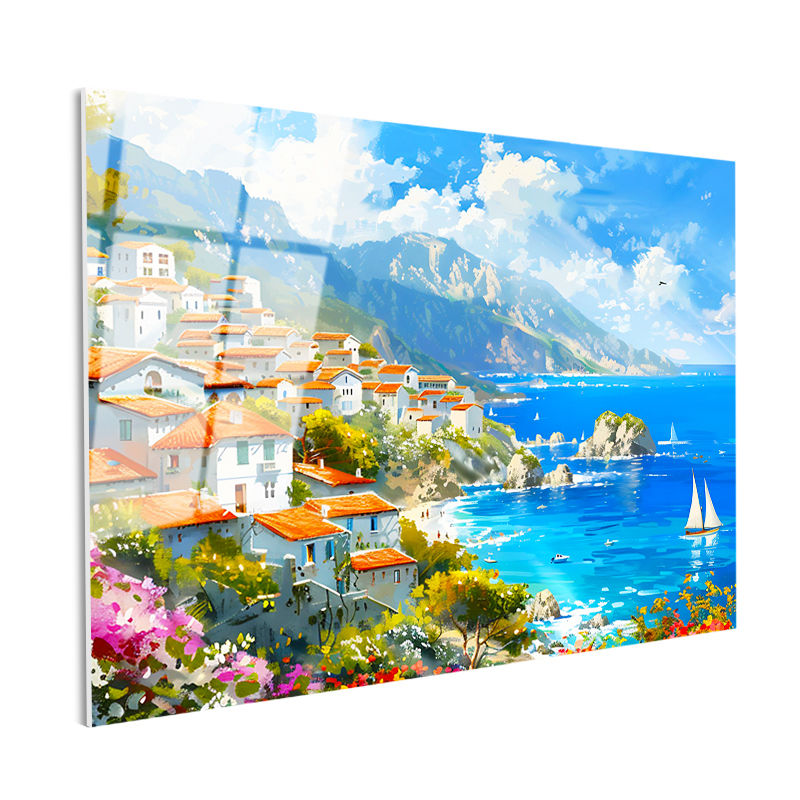 Tamperli Gerçek Cam Tablo Akdeniz Sahil Kasabası Yelkenli Ve Deniz Manzara Tablosu Duvar Dekoru