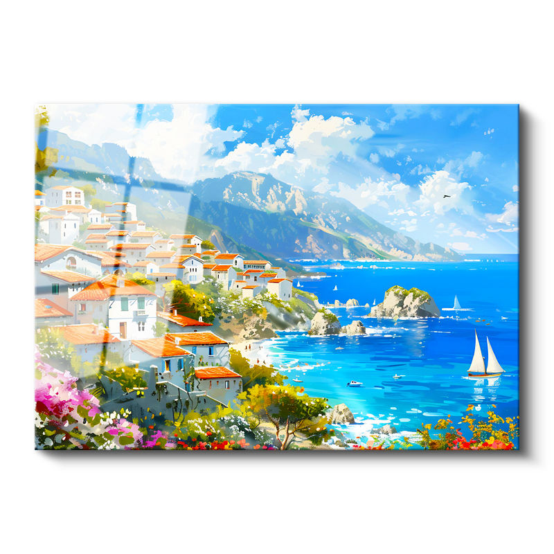 Tamperli Gerçek Cam Tablo Akdeniz Sahil Kasabası Yelkenli Ve Deniz Manzara Tablosu Duvar Dekoru