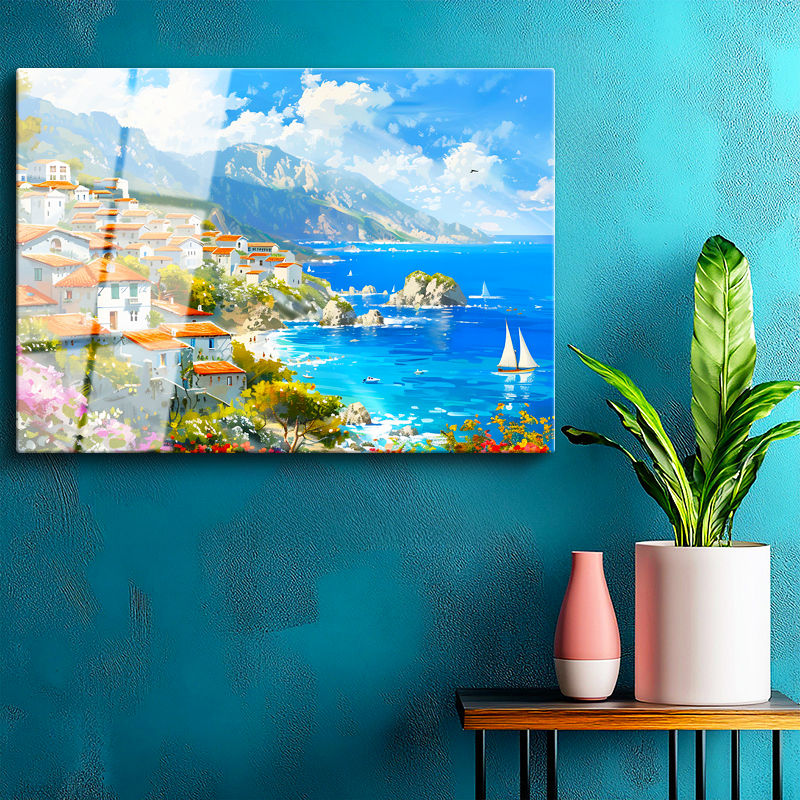 Tamperli Gerçek Cam Tablo Akdeniz Sahil Kasabası Yelkenli Ve Deniz Manzara Tablosu Duvar Dekoru