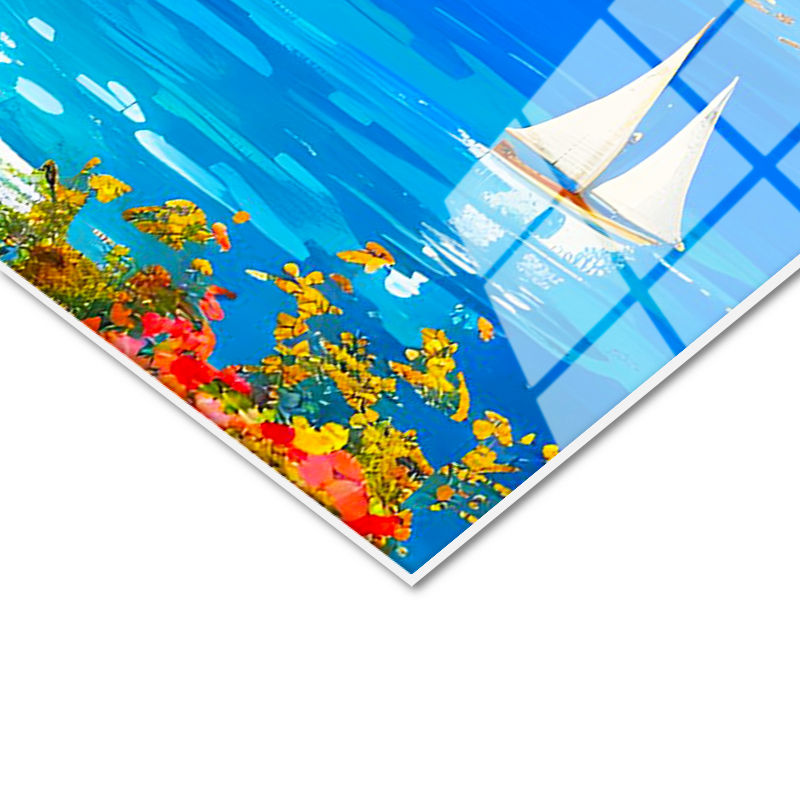 Tamperli Gerçek Cam Tablo Akdeniz Sahil Kasabası Yelkenli Ve Deniz Manzara Tablosu Duvar Dekoru