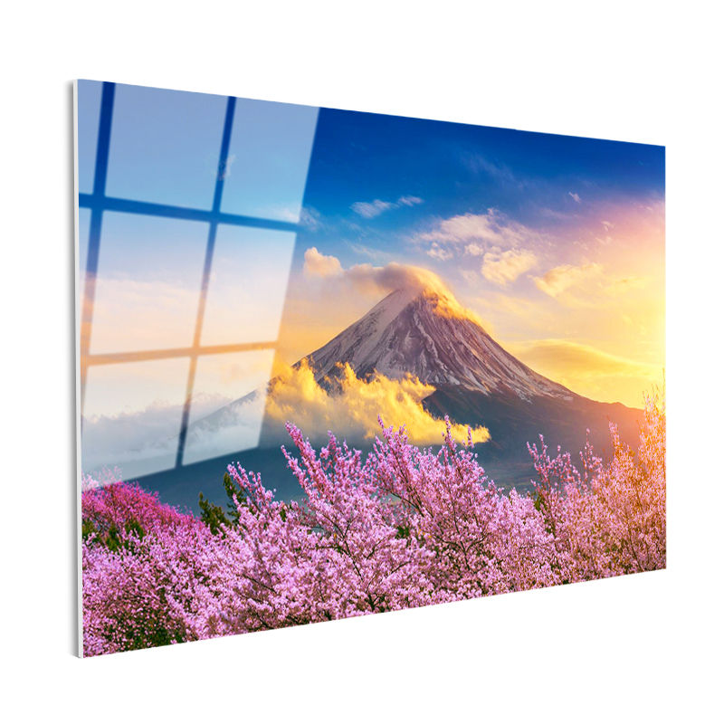 Tamperli Gerçek Cam Tablo Karlı Fuji Dağı Ve Sakura Ağaçları Manzara Tablosu Duvar Dekoru