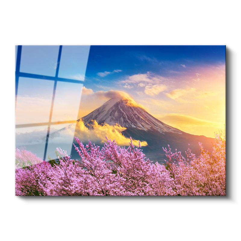 Tamperli Gerçek Cam Tablo Karlı Fuji Dağı Ve Sakura Ağaçları Manzara Tablosu Duvar Dekoru