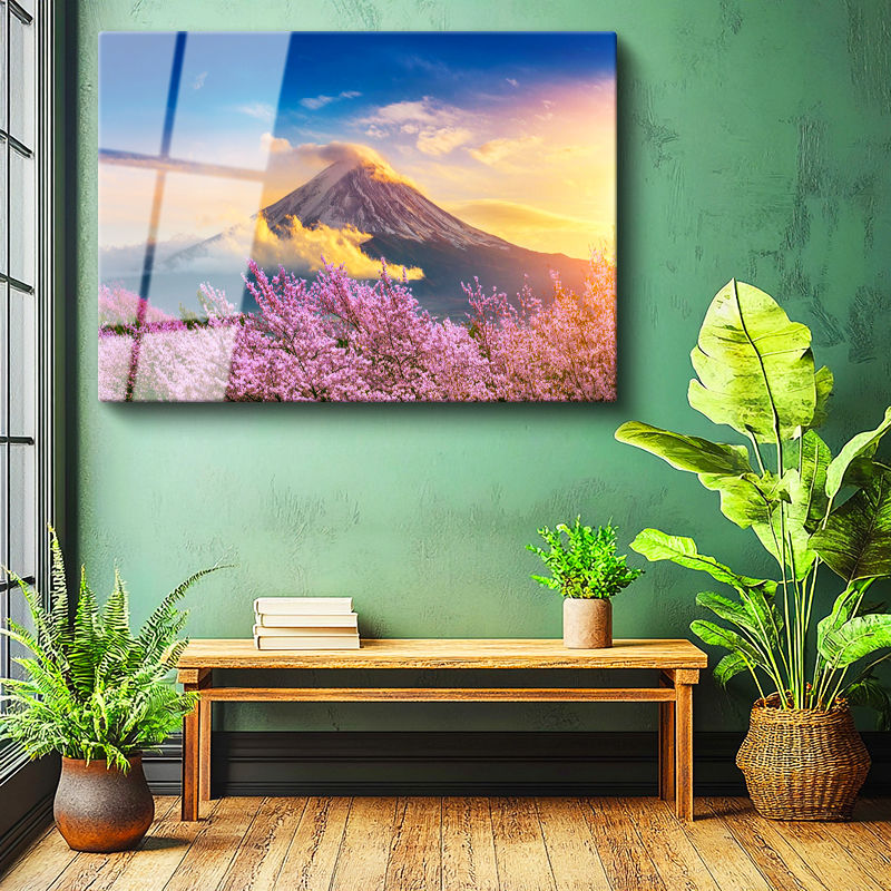 Tamperli Gerçek Cam Tablo Karlı Fuji Dağı Ve Sakura Ağaçları Manzara Tablosu Duvar Dekoru