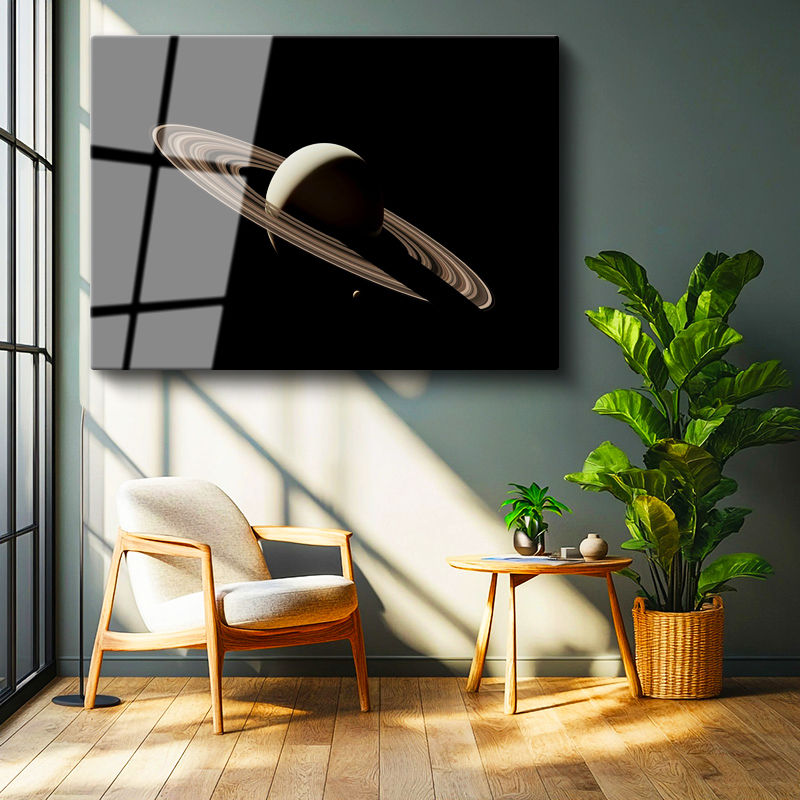 Tamperli Gerçek Cam Tablo Satürn Gezegeni ve İnce Halka Çizgisi Manzara Tablosu Duvar Dekoru