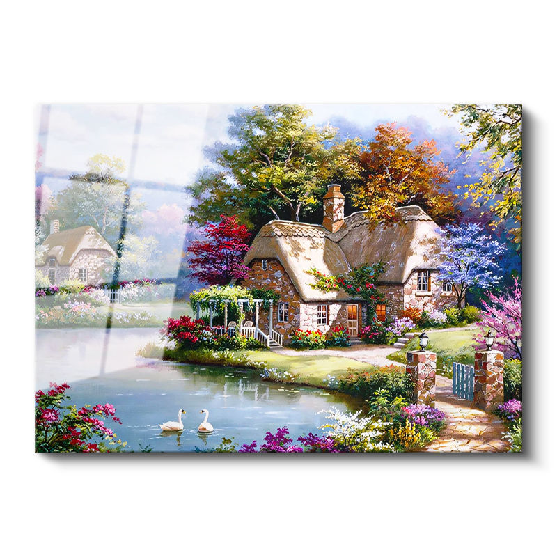 Tamperli Gerçek Cam Tablo Bahçeli Taş Ev ve Kuğular Manzara Ve Doğa Tablosu Duvar Dekoru