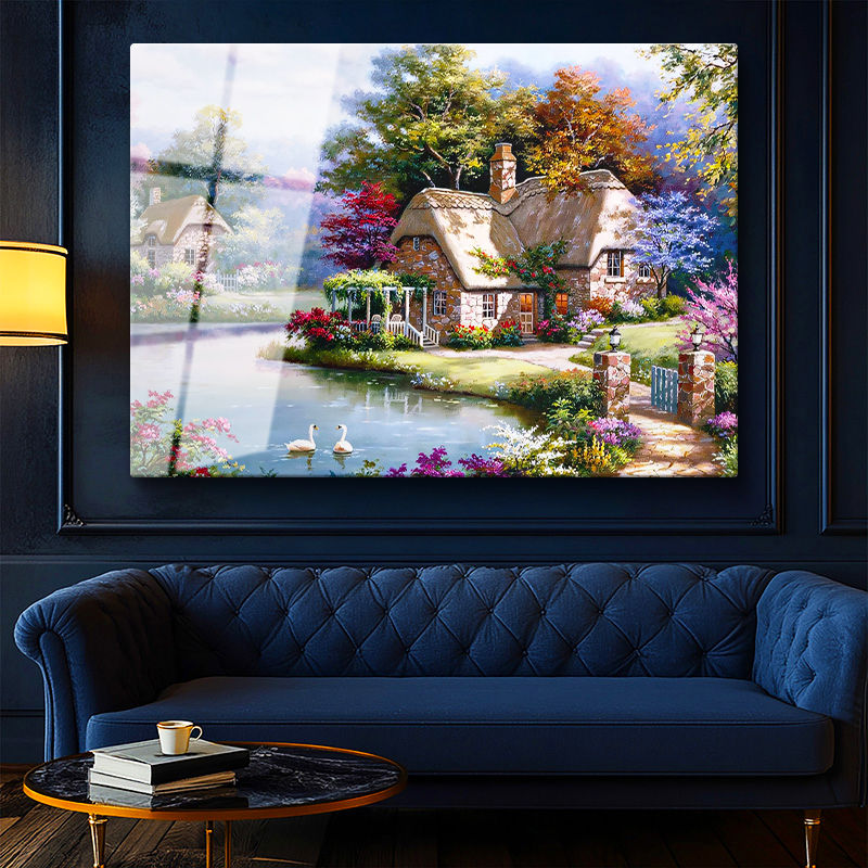 Tamperli Gerçek Cam Tablo Bahçeli Taş Ev ve Kuğular Manzara Ve Doğa Tablosu Duvar Dekoru