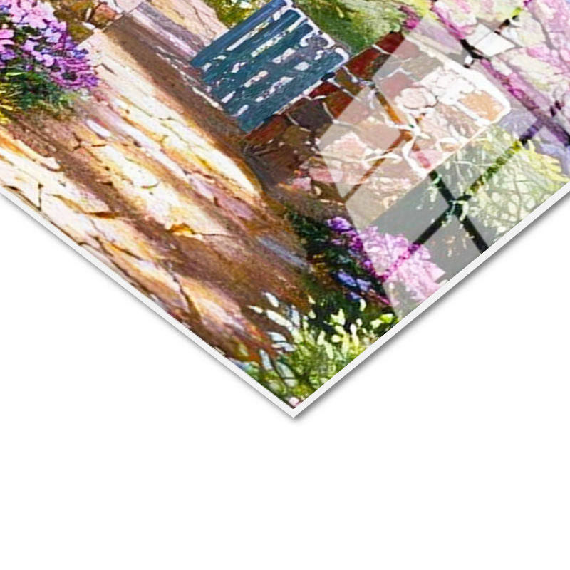 Tamperli Gerçek Cam Tablo Bahçeli Taş Ev ve Kuğular Manzara Ve Doğa Tablosu Duvar Dekoru