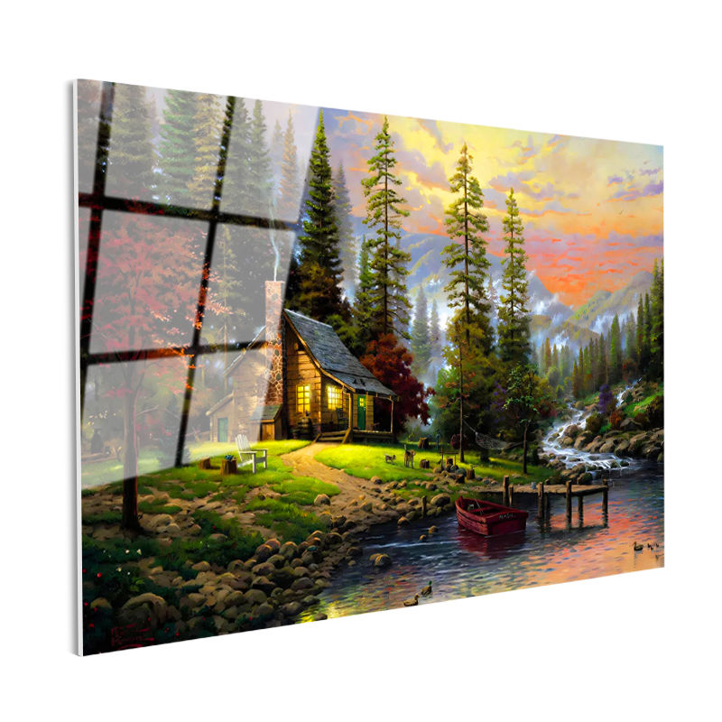 Tamperli Gerçek Cam Tablo Akarsu Kenarı Orman Evi Manzara Ve Doğa Tablosu Duvar Dekoru