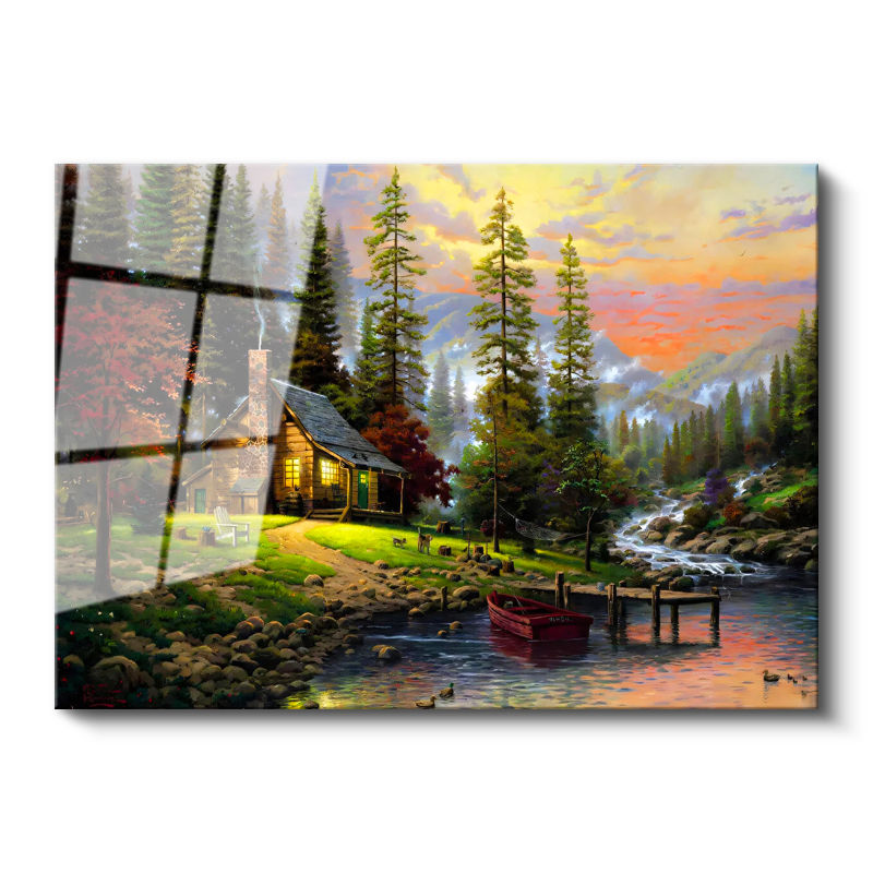 Tamperli Gerçek Cam Tablo Akarsu Kenarı Orman Evi Manzara Ve Doğa Tablosu Duvar Dekoru