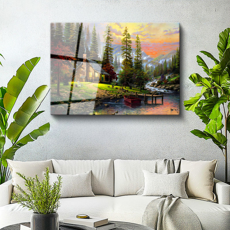 Tamperli Gerçek Cam Tablo Akarsu Kenarı Orman Evi Manzara Ve Doğa Tablosu Duvar Dekoru