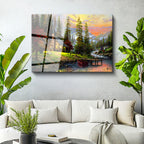 Tamperli Gerçek Cam Tablo Akarsu Kenarı Orman Evi Manzara Ve Doğa Tablosu Duvar Dekoru