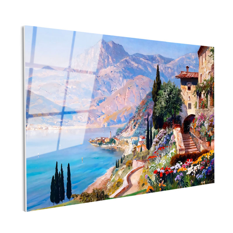 Tamperli Gerçek Cam Tablo Dağ Manzaralı Çiçekli Kasaba Manzara Ve Doğa Tablosu Duvar Dekoru