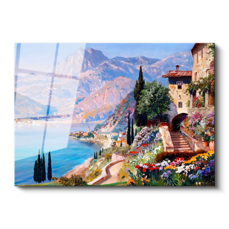 Tamperli Gerçek Cam Tablo Dağ Manzaralı Çiçekli Kasaba Manzara Ve Doğa Tablosu Duvar Dekoru