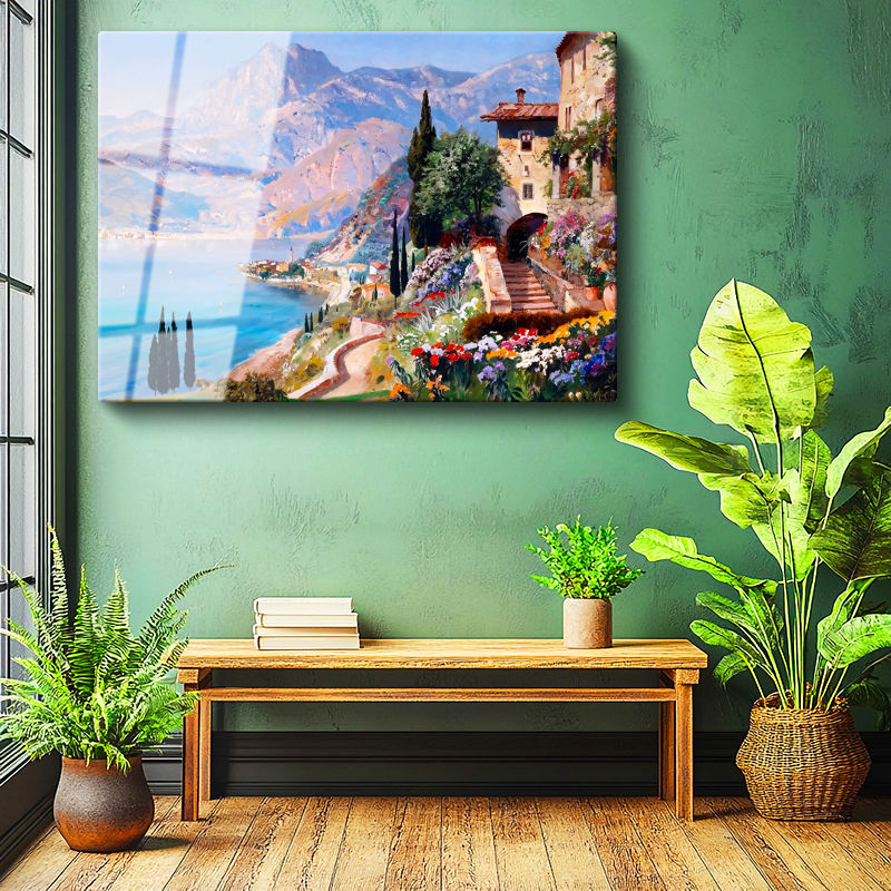 Tamperli Gerçek Cam Tablo Dağ Manzaralı Çiçekli Kasaba Manzara Ve Doğa Tablosu Duvar Dekoru
