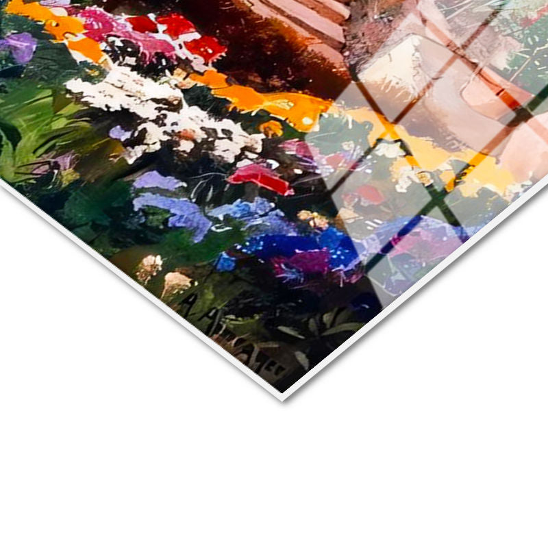 Tamperli Gerçek Cam Tablo Dağ Manzaralı Çiçekli Kasaba Manzara Ve Doğa Tablosu Duvar Dekoru