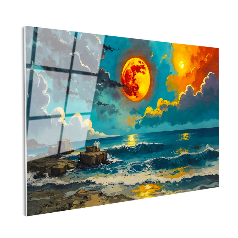 Tamperli Gerçek Cam Tablo Turuncu Ay ve Dalgalı Deniz Manzara Ve Doğa Tablosu Duvar Dekoru