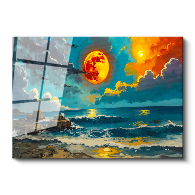 Tamperli Gerçek Cam Tablo Turuncu Ay ve Dalgalı Deniz Manzara Ve Doğa Tablosu Duvar Dekoru