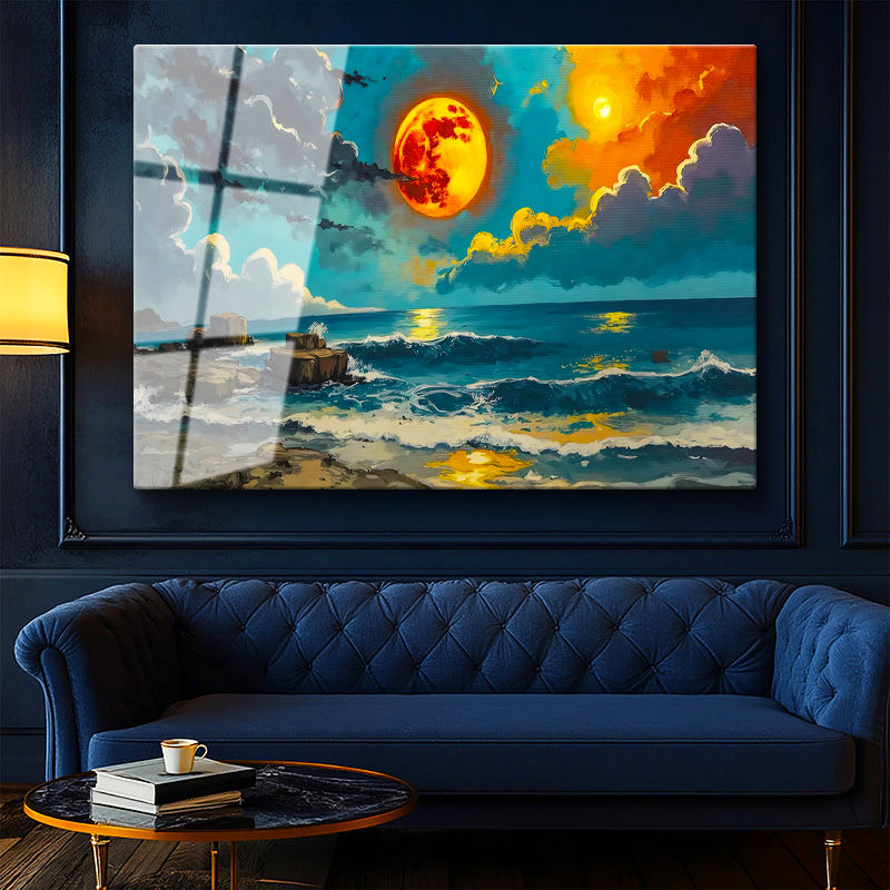 Tamperli Gerçek Cam Tablo Turuncu Ay ve Dalgalı Deniz Manzara Ve Doğa Tablosu Duvar Dekoru