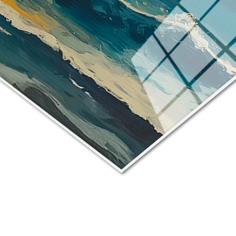 Tamperli Gerçek Cam Tablo Turuncu Ay ve Dalgalı Deniz Manzara Ve Doğa Tablosu Duvar Dekoru