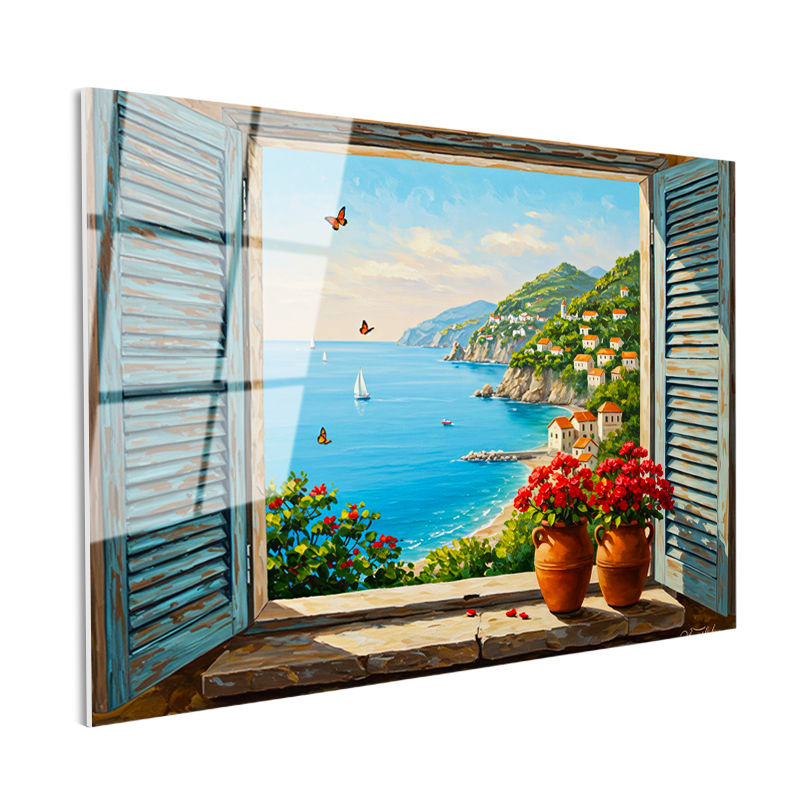 Tamperli Gerçek Cam Tablo Mavi Panjurlu Pencere ve Sahil Manzara Ve Doğa Tablosu Duvar Dekoru