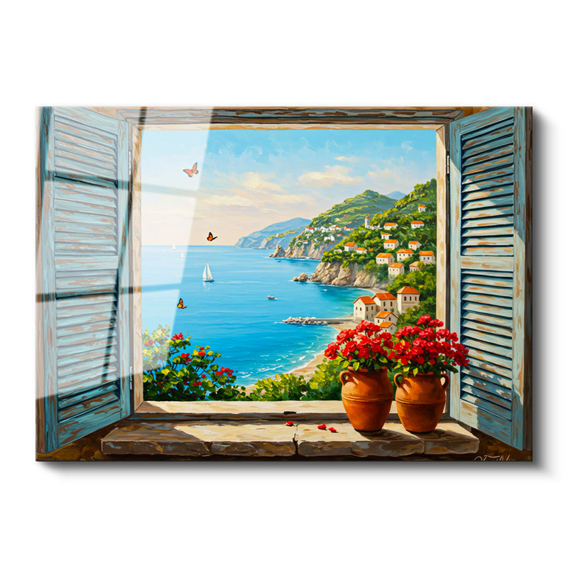 Tamperli Gerçek Cam Tablo Mavi Panjurlu Pencere ve Sahil Manzara Ve Doğa Tablosu Duvar Dekoru