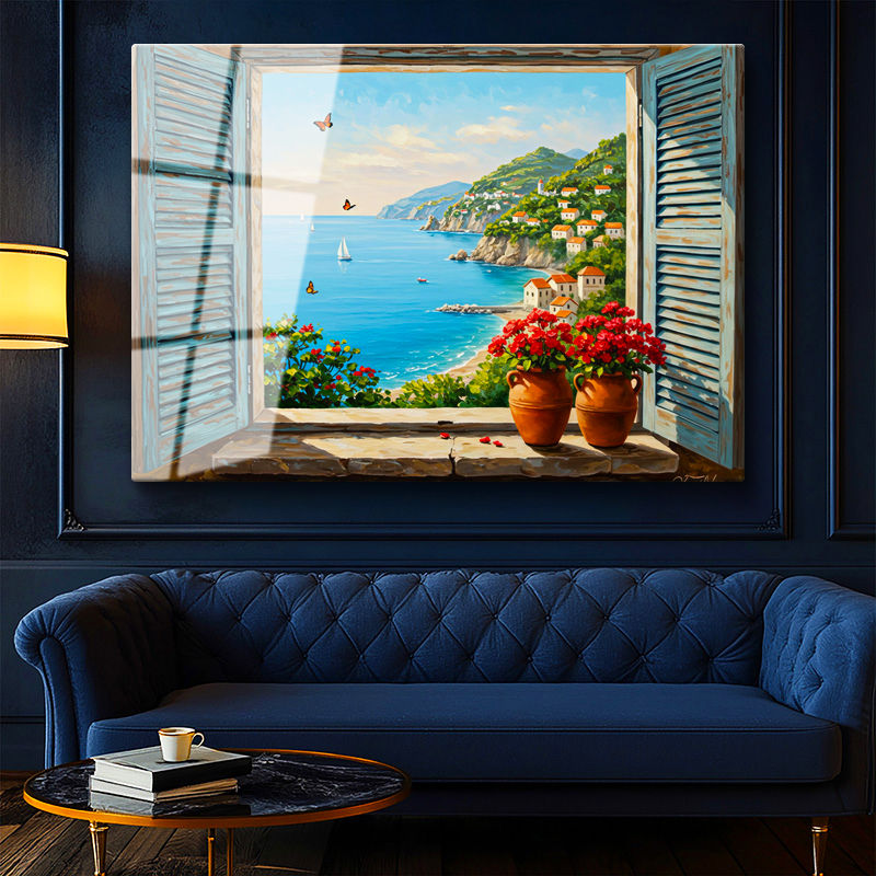 Tamperli Gerçek Cam Tablo Mavi Panjurlu Pencere ve Sahil Manzara Ve Doğa Tablosu Duvar Dekoru