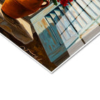 Tamperli Gerçek Cam Tablo Mavi Panjurlu Pencere ve Sahil Manzara Ve Doğa Tablosu Duvar Dekoru