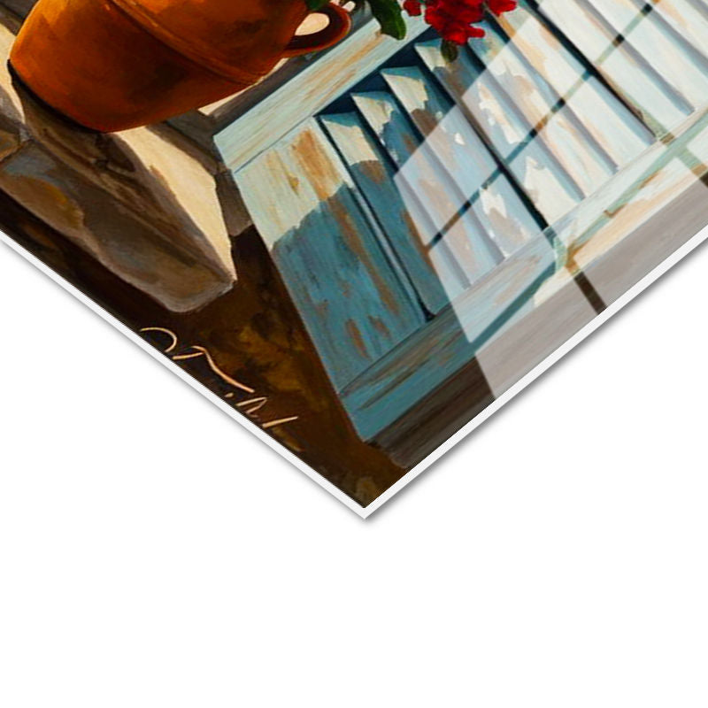 Tamperli Gerçek Cam Tablo Mavi Panjurlu Pencere ve Sahil Manzara Ve Doğa Tablosu Duvar Dekoru