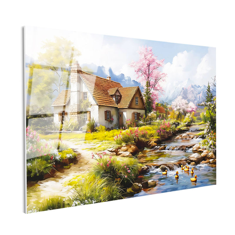 Tamperli Gerçek Cam Tablo Çiçekli Bahar Evi ve Dere Manzara Ve Doğa Tablosu Duvar Dekoru
