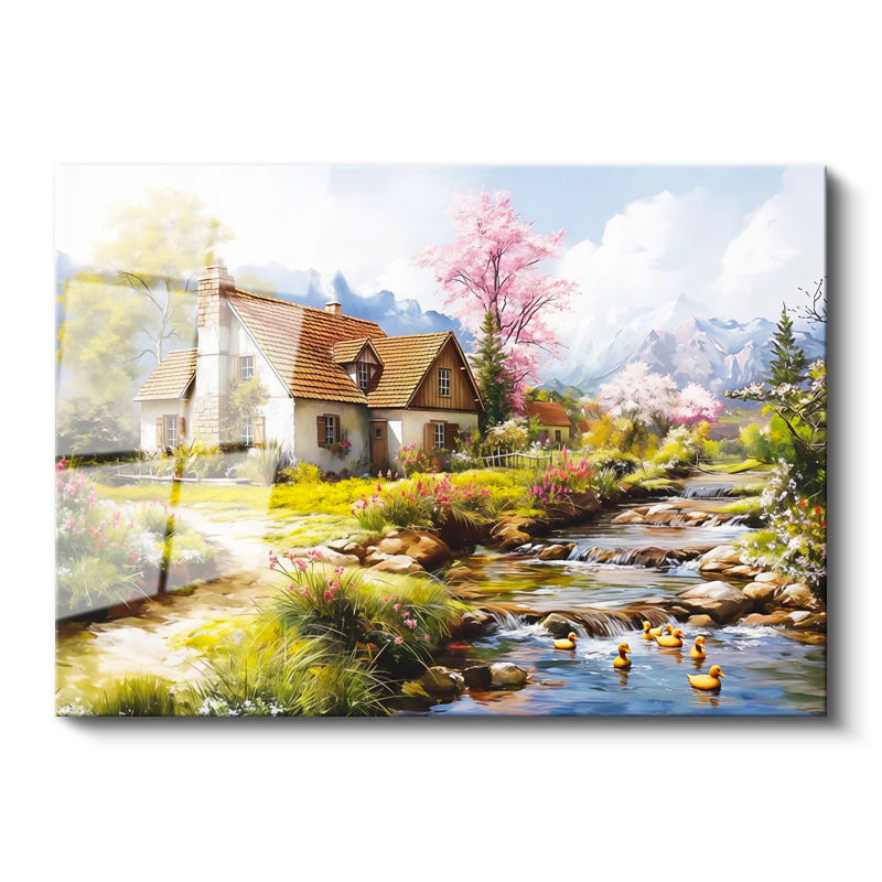 Tamperli Gerçek Cam Tablo Çiçekli Bahar Evi ve Dere Manzara Ve Doğa Tablosu Duvar Dekoru