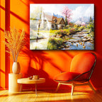 Tamperli Gerçek Cam Tablo Çiçekli Bahar Evi ve Dere Manzara Ve Doğa Tablosu Duvar Dekoru