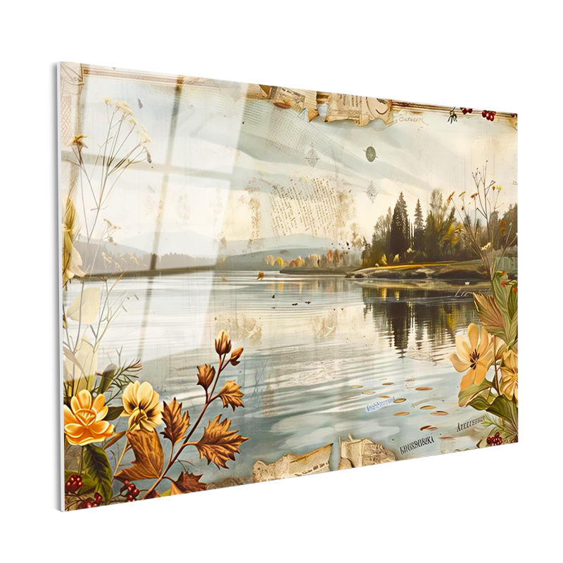 Tamperli Gerçek Cam Tablo Göl Kenarı Kıyı Çiçekleri Manzara Ve Doğa Tablosu Duvar Dekoru