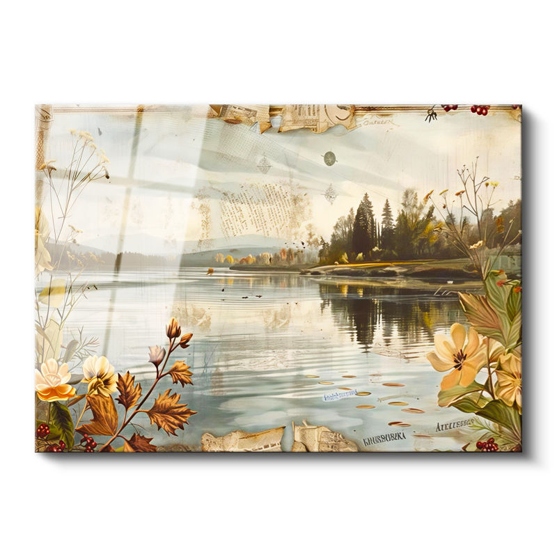Tamperli Gerçek Cam Tablo Göl Kenarı Kıyı Çiçekleri Manzara Ve Doğa Tablosu Duvar Dekoru
