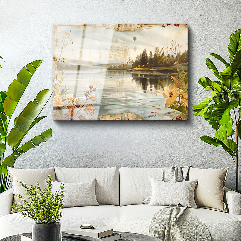 Tamperli Gerçek Cam Tablo Göl Kenarı Kıyı Çiçekleri Manzara Ve Doğa Tablosu Duvar Dekoru