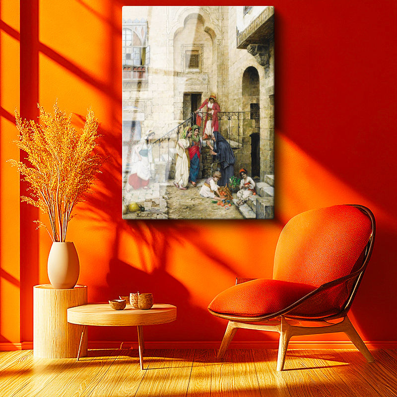 Tamperli Gerçek Cam Tablo Taş Avlu ve Günlük Yaşam Osmanlı Tablosu Duvar Dekoru